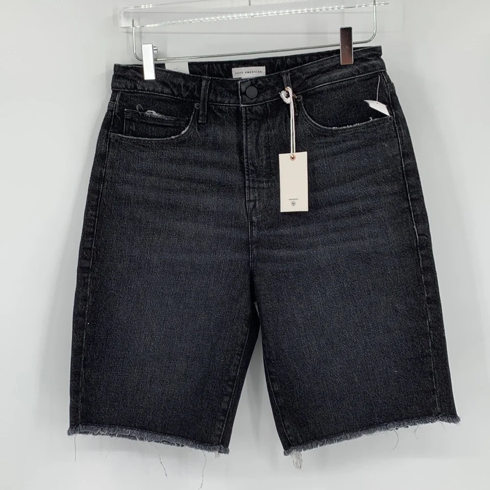 Good American 90's Bermuda cut-off denim black long jean shorts frayed new 26 2